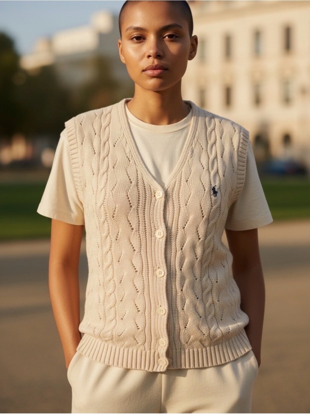 70s PALE CREAMY PEACH CABLE KNIT BUTTON DOWN PREPPY KNIT SWEATER VEST WAISTCOAT